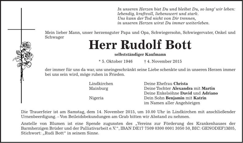Traueranzeige Rudolf Bott