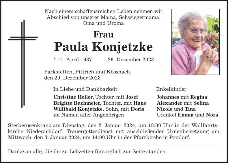 Traueranzeige Paula Konjetzke
