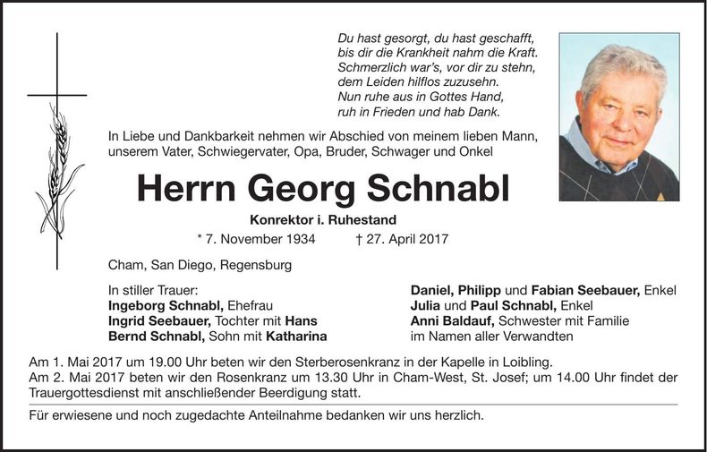 Traueranzeige Georg Schnabl
