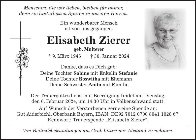 Traueranzeige Elisabeth Zierer