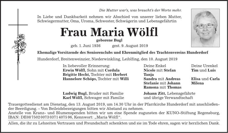 Traueranzeige Maria Wölfl