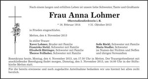 Traueranzeige Anna Lohmer