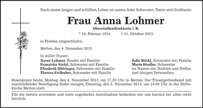 Traueranzeige Anna Lohmer