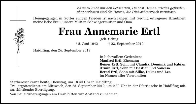 Traueranzeige Annemarie Ertl