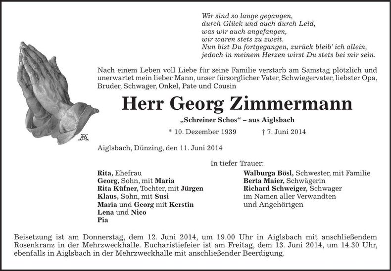 Traueranzeige Georg Zimmermann