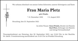 Traueranzeige Maria Pletz