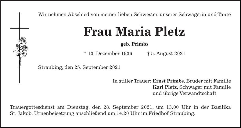 Traueranzeige Maria Pletz