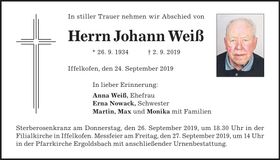 Traueranzeige Johann Weiß
