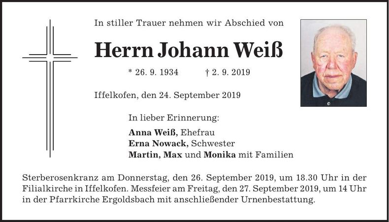 Traueranzeige Johann Weiß