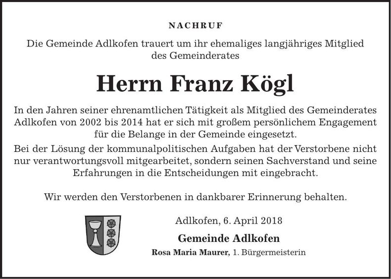 Traueranzeige Franz Kögl