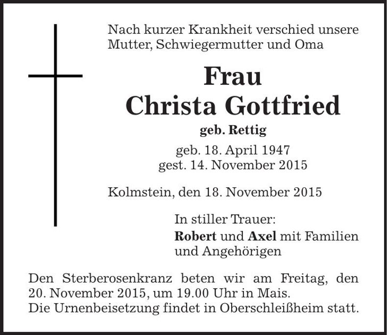 Traueranzeige Christa Gottfried