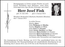 Traueranzeige Josef Fink