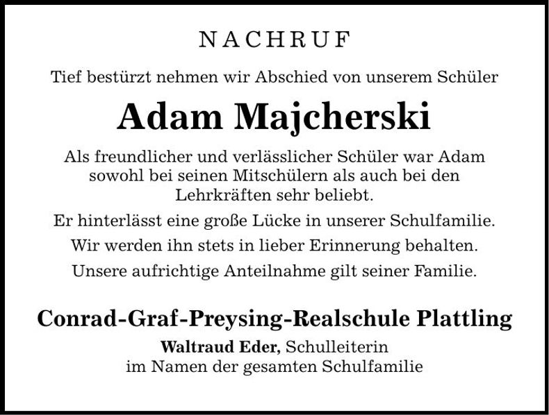 Traueranzeige Adam Majcherski