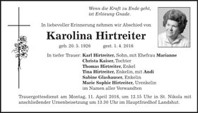 Traueranzeige Karolina Hirtreiter