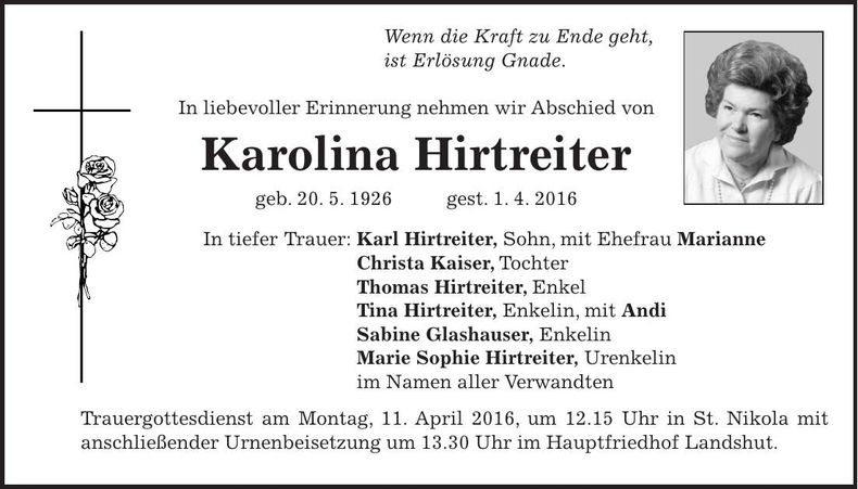 Traueranzeige Karolina Hirtreiter