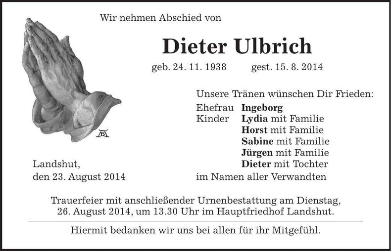 Traueranzeige Dieter Ulbrich