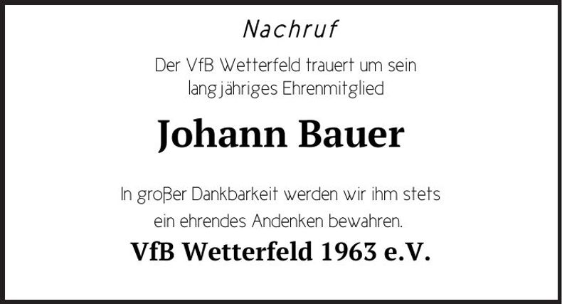 Traueranzeige Johann Bauer
