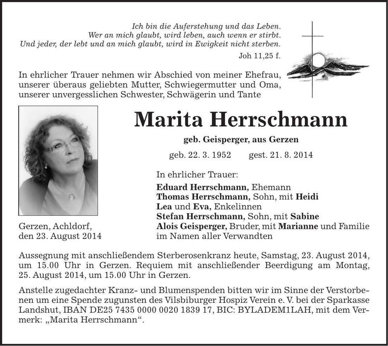 Traueranzeige Marita Herrschmann