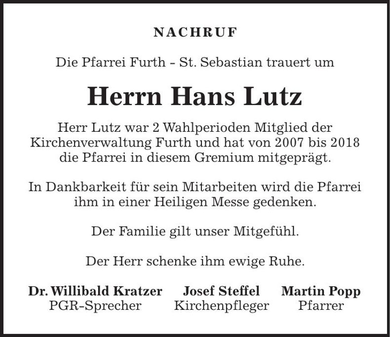 Traueranzeige Hans Lutz