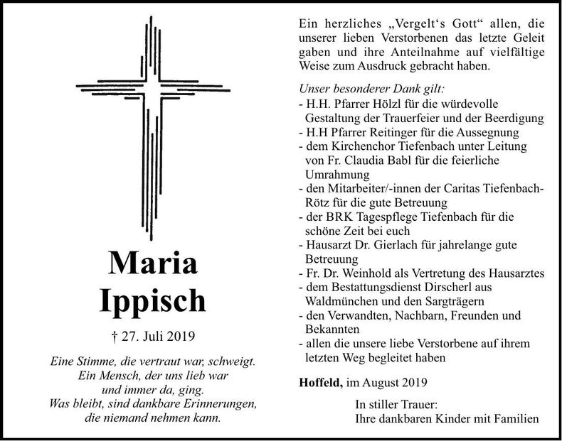 Traueranzeige Maria Ippisch