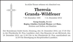 Traueranzeige Theresia Granda-Wildfeuer