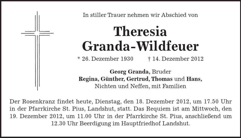 Traueranzeige Theresia Granda-Wildfeuer