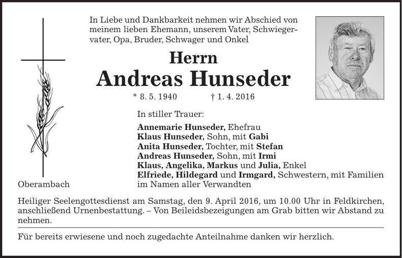 Traueranzeige Andreas Hunseder