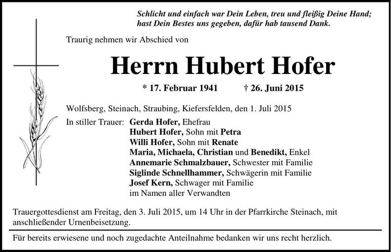 Traueranzeige Hubert Hofer