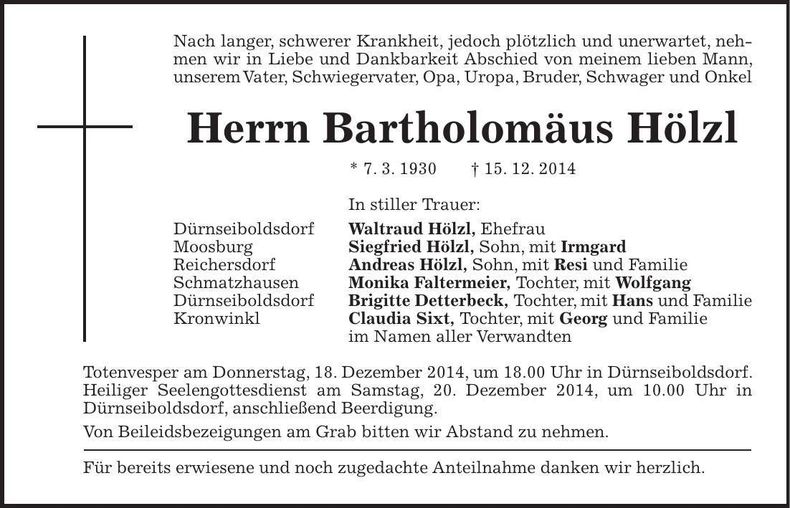 Traueranzeige Bartholomäus Hölzl