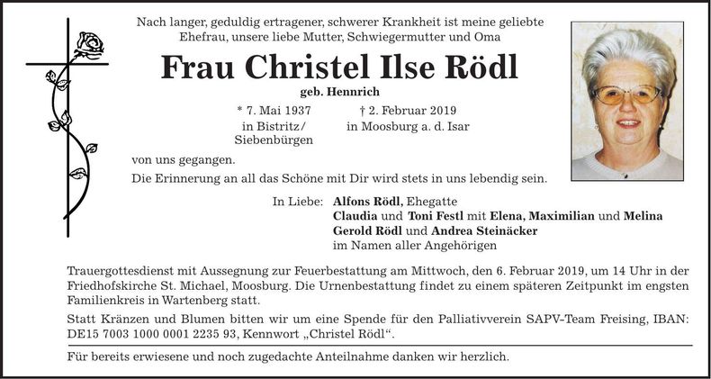 Traueranzeige Christl Ilse Rödl