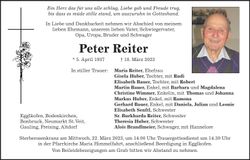 Traueranzeige Peter Reiter