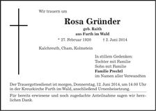 Traueranzeige Rosa Gründer