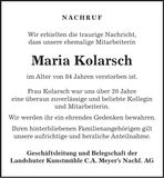 Traueranzeige Maria Kolarsch