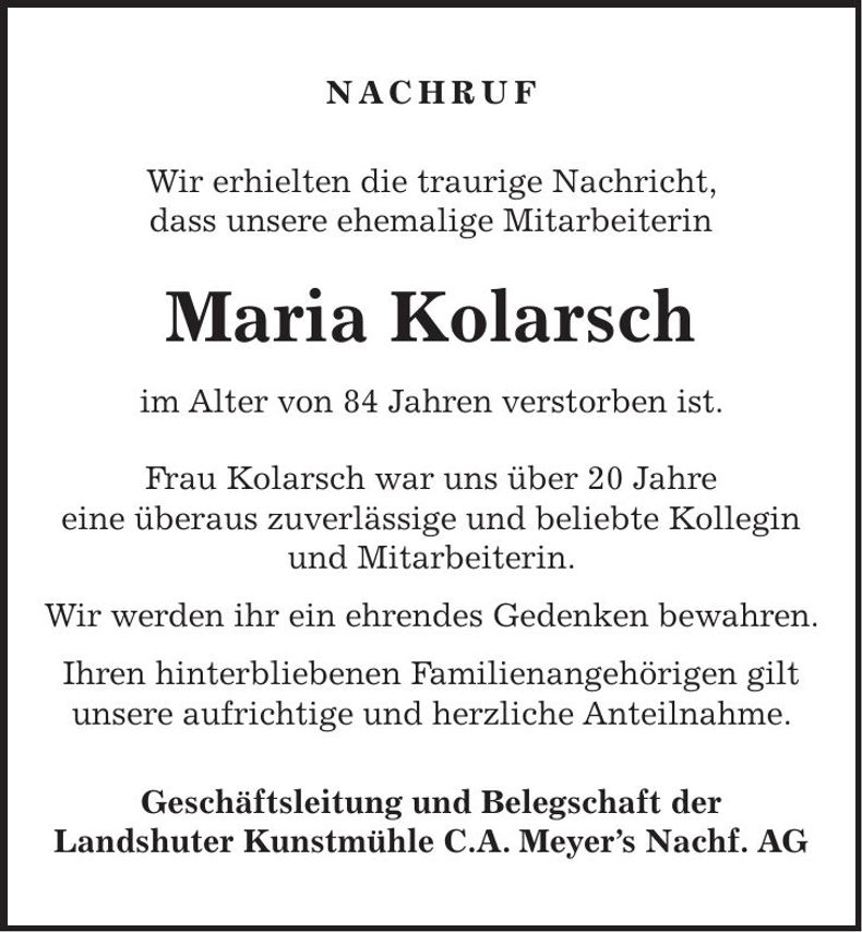 Traueranzeige Maria Kolarsch