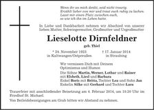 Traueranzeige Lieselotte Dirnfeldner