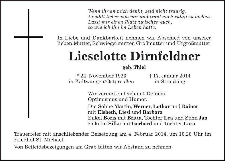 Traueranzeige Lieselotte Dirnfeldner
