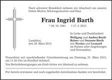 Traueranzeige Ingrid Barth