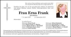 Traueranzeige Erna Frank