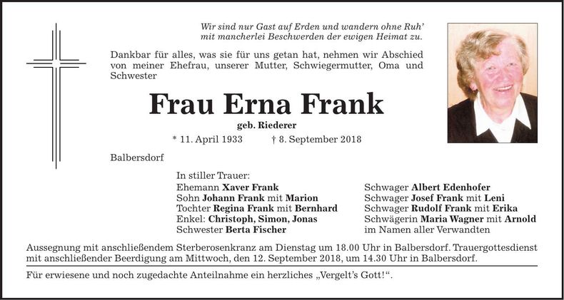 Traueranzeige Erna Frank