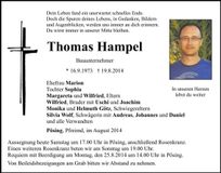 Traueranzeige Thomas Hampel