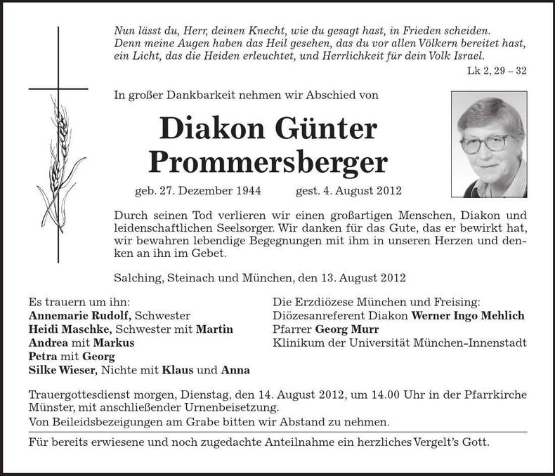 Traueranzeige Günter Prommersberger