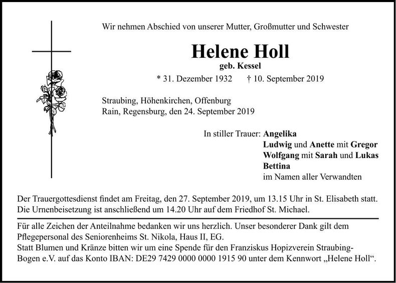 Traueranzeige Helene Holl