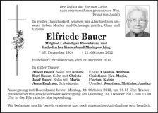 Traueranzeige Elfriede Bauer