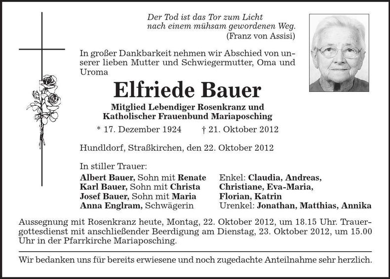 Traueranzeige Elfriede Bauer