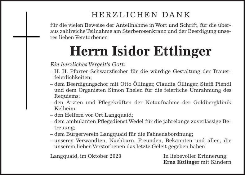 Traueranzeige Isidor Ettlinger