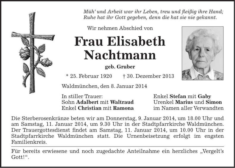 Traueranzeige Elisabeth Nachtmann