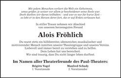 Traueranzeige Alois Fröhlich