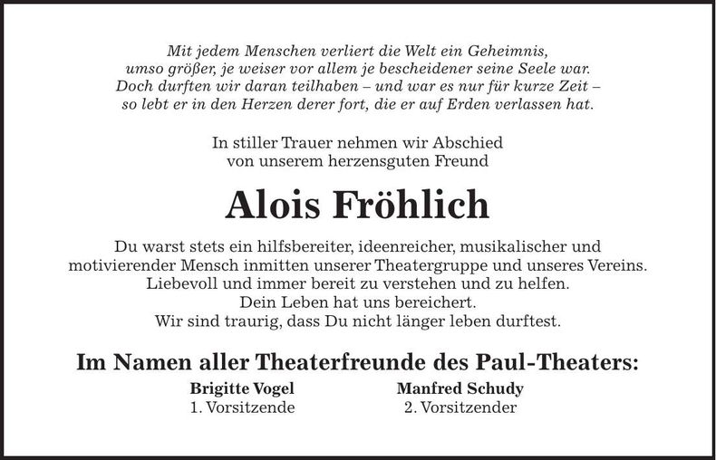 Traueranzeige Alois Fröhlich
