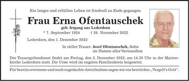 Traueranzeige Erna Ofentauschek