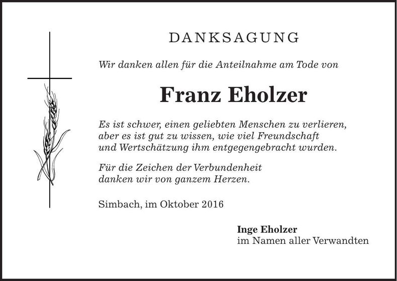 Traueranzeige Franz Eholzer